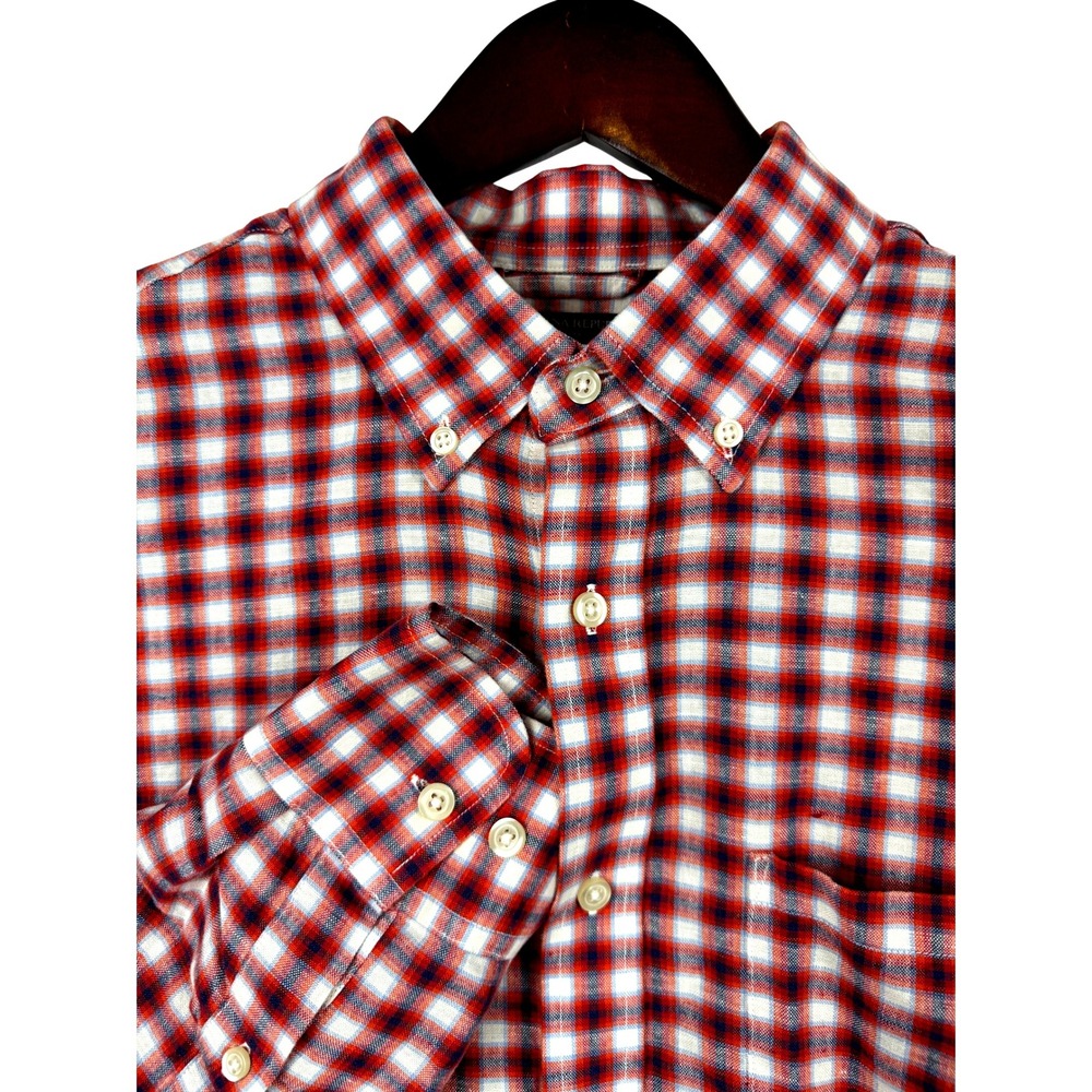 Banana‎ Republic Mens Flannel Button Up Shirt Size L Linen Cotton Red Plaid